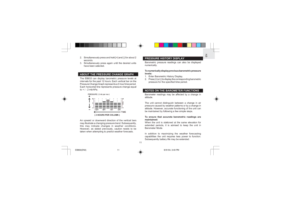 Oregon Scientific EB833 user manual About the Pressure Change Graph, Pressure History Display 