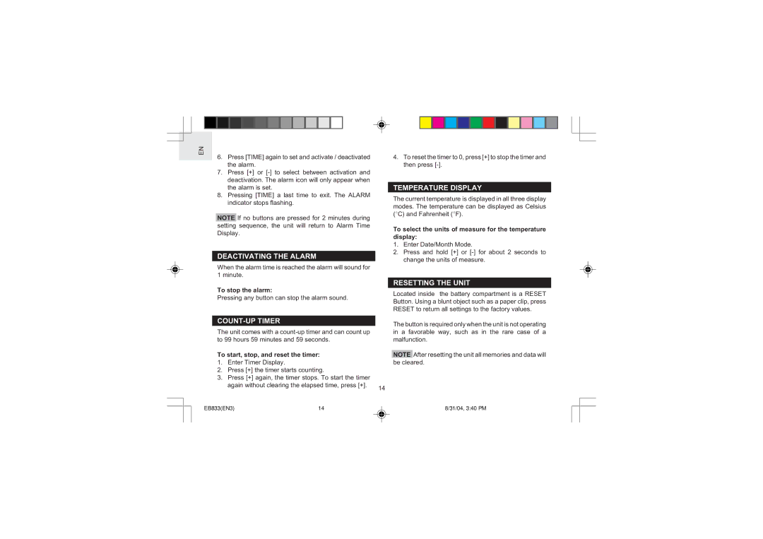 Oregon Scientific EB833 user manual Deactivating the Alarm, COUNT-UP Timer, Temperature Display, Resetting the Unit 