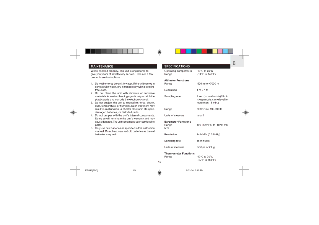 Oregon Scientific EB833 Maintenance Specifications, Altimeter Functions, Barometer Functions, Thermometer Functions 