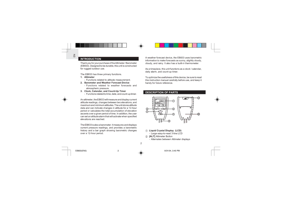 Oregon Scientific EB833 user manual Introduction, Description of Parts 