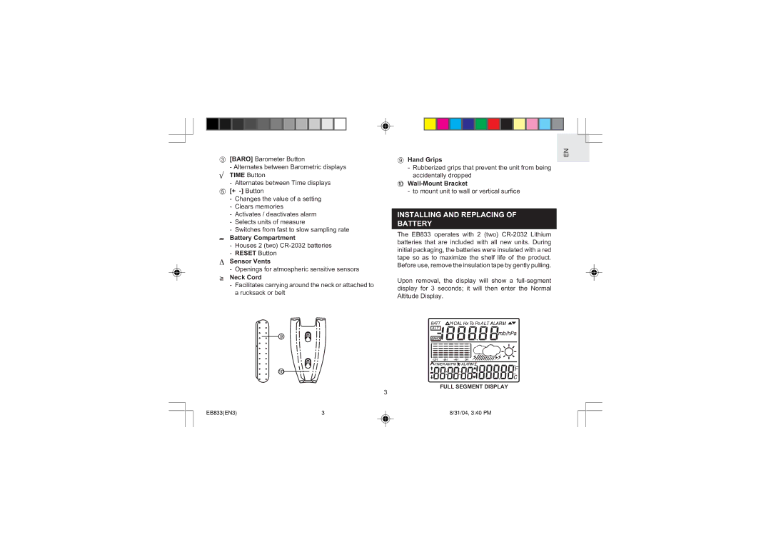 Oregon Scientific EB833 user manual Installing and Replacing of Battery 