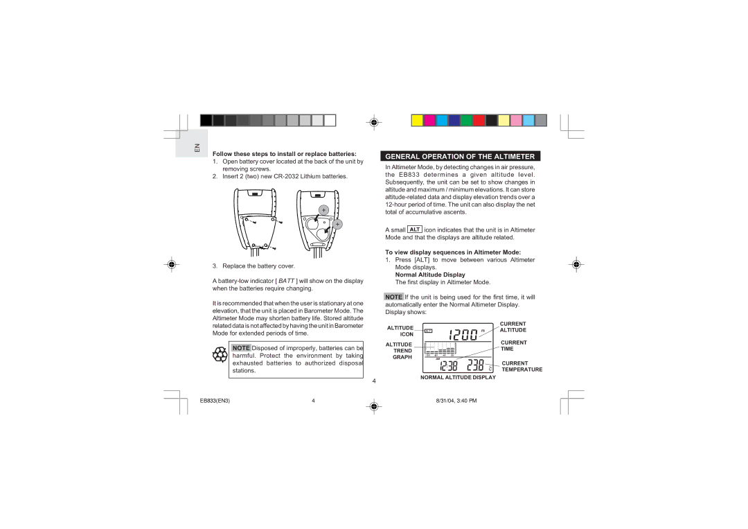 Oregon Scientific EB833 user manual General Operation of the Altimeter, Follow these steps to install or replace batteries 