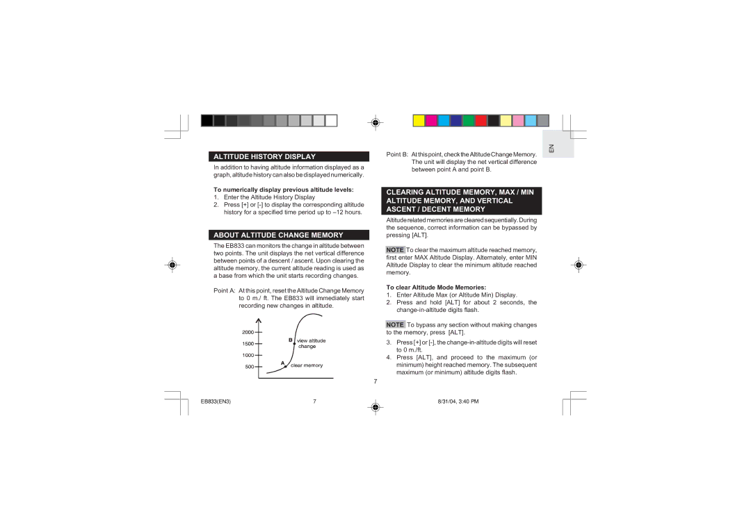 Oregon Scientific EB833 user manual About Altitude Change Memory, Enter the Altitude History Display 