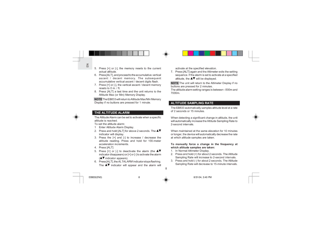 Oregon Scientific EB833 user manual Altitude Alarm, Altitude Sampling Rate, Normal Altimeter Display 