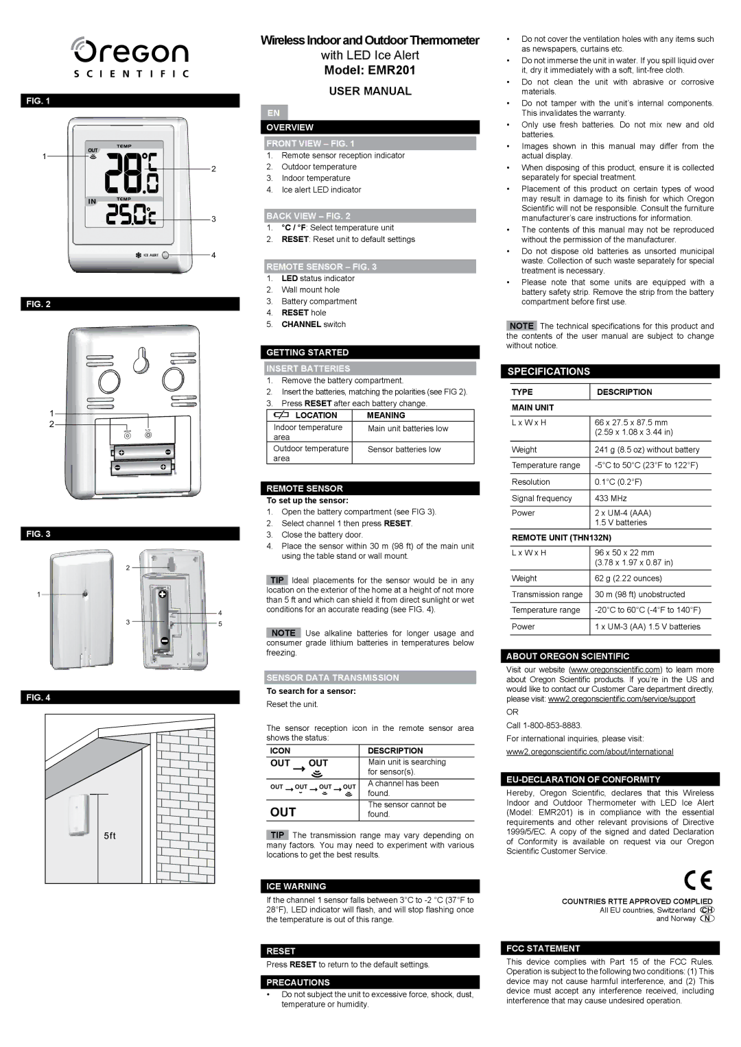 Oregon Scientific EMR201 user manual Out, Specifications 