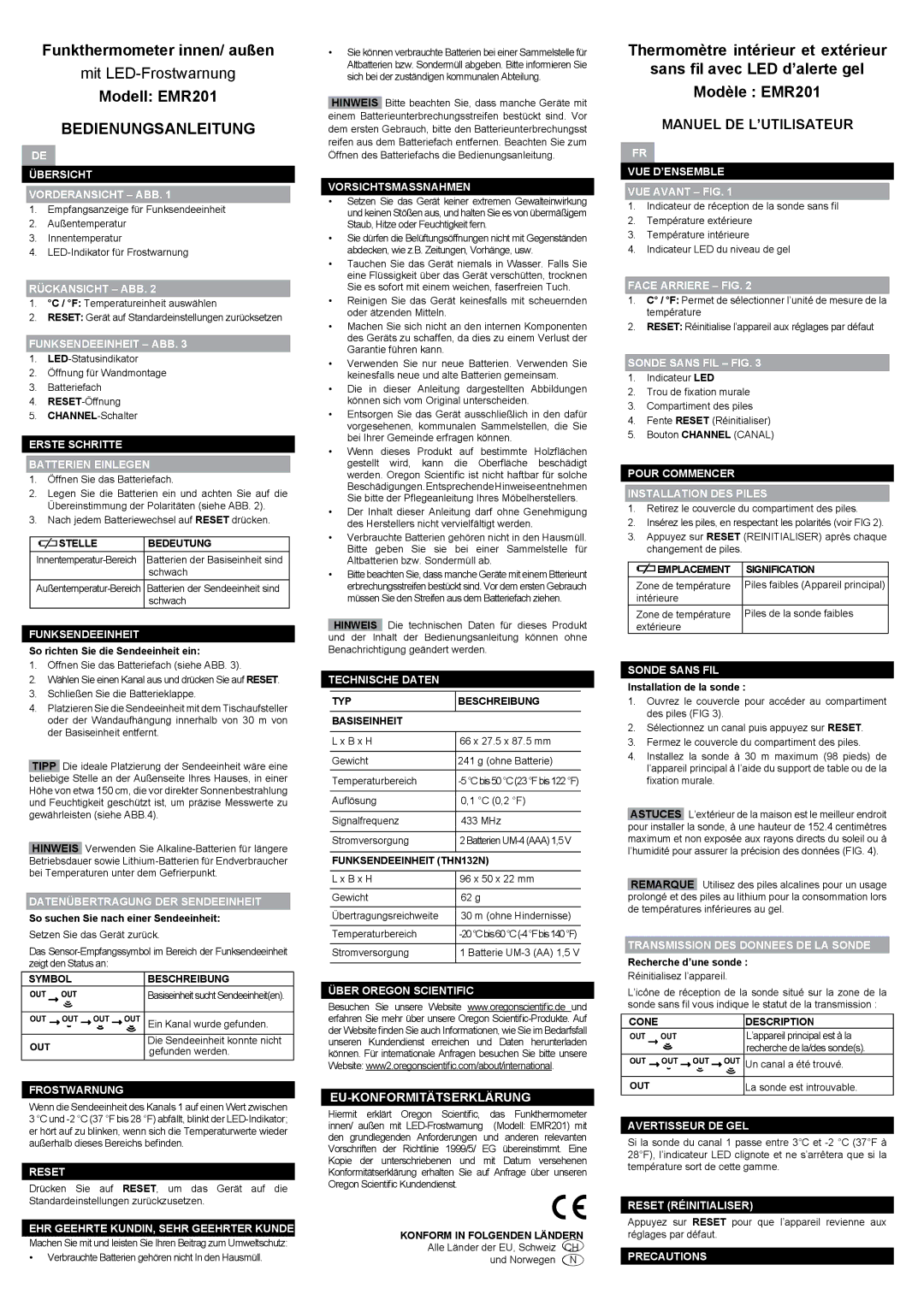 Oregon Scientific EMR201 user manual Bedienungsanleitung, Manuel DE L’UTILISATEUR, Eu-Konformitätserklärung 