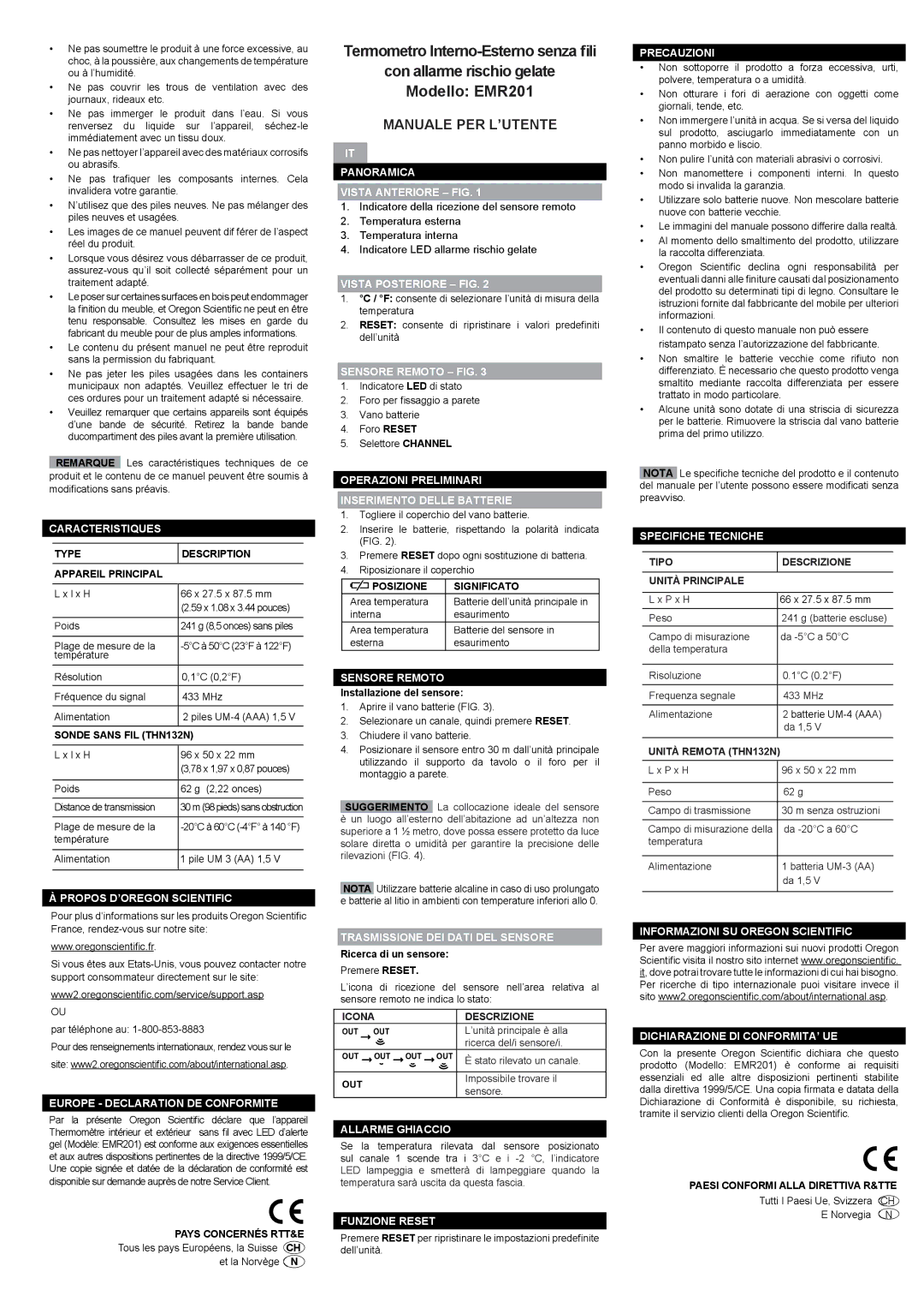 Oregon Scientific EMR201 Caracteristiques, Propos D’OREGON Scientific, Europe Declaration DE Conformite, Sensore Remoto 