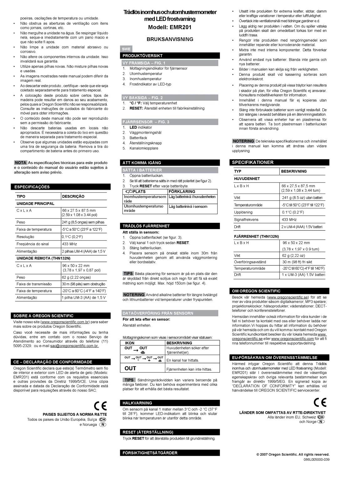 Oregon Scientific EMR201 user manual Bruksanvisning, Specifikationer 