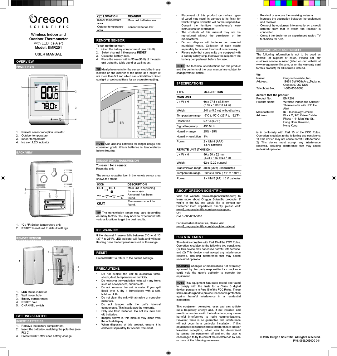 Oregon Scientific EMR201 specifications Overview, Getting Started, Remote Sensor, ICE Warning, Reset, Precautions 