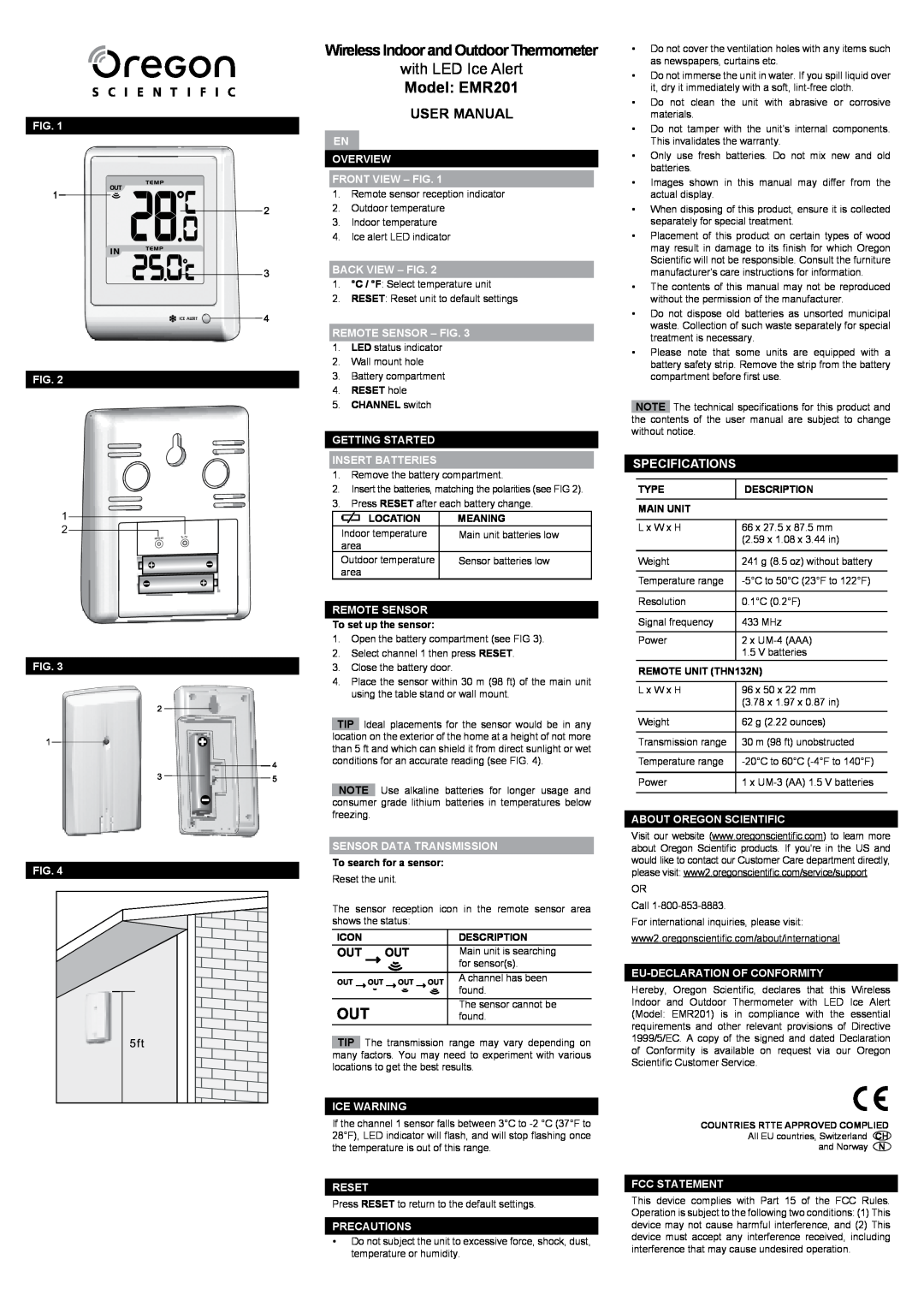 Oregon Scientific user manual with LED Ice Alert, Model EMR201, Wireless Indoor and Outdoor Thermometer, Specifications 
