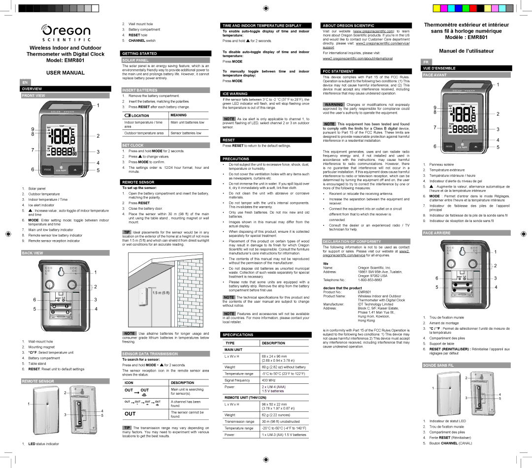 Oregon Scientific EMR801 specifications Overview Front View, Back View, Remote Sensor, Getting Started Solar Panel, Reset 