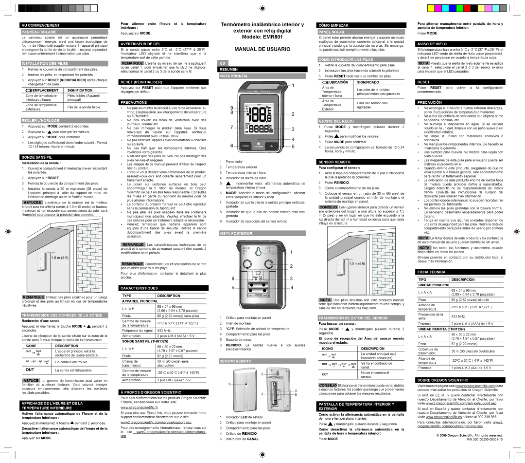 Oregon Scientific EMR801 AU Commencement Panneau Solaire, Installation DES Piles, Regler L’HORLOGE, Avertisseur DE GEL 