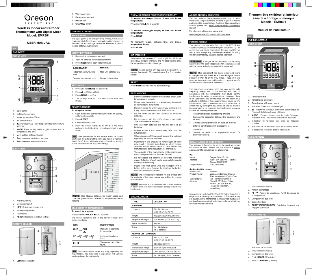 Oregon Scientific EMR801 specifications User Manual, Thermomètre extérieur et intérieur sans ﬁl à horloge numérique 