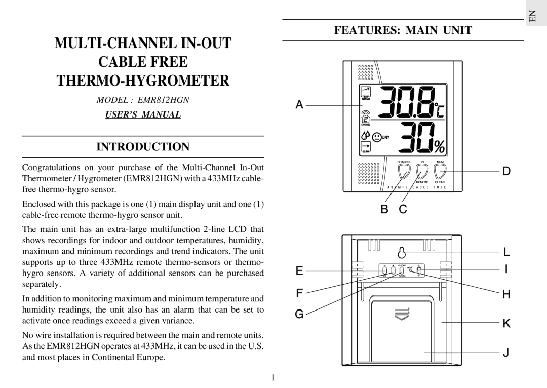 Oregon Scientific EMR812HGN user manual Features Main Unit, Introduction 