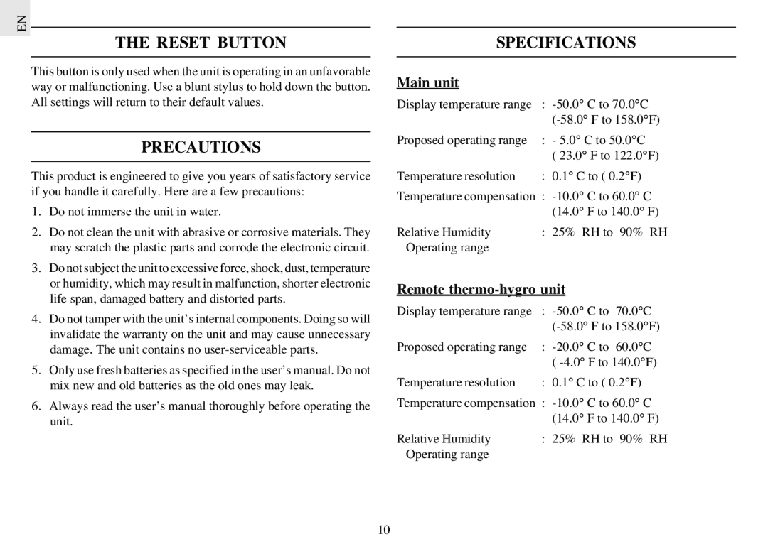 Oregon Scientific EMR812HGN user manual Reset Button, Precautions, Specifications 