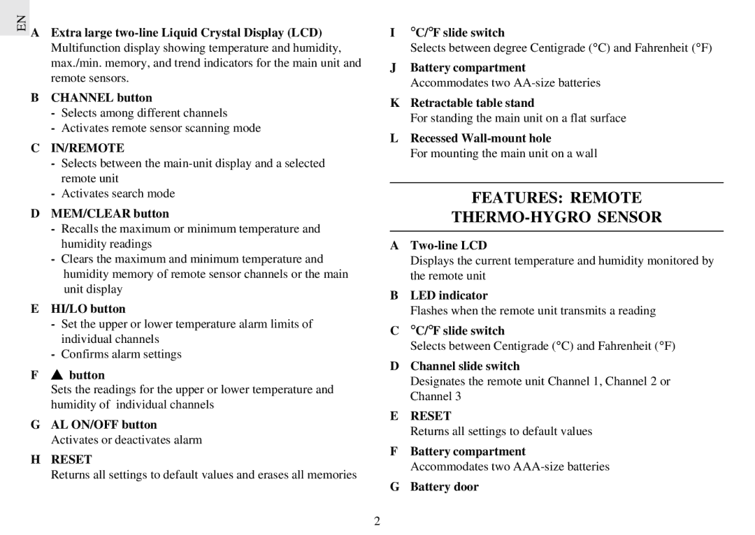 Oregon Scientific EMR812HGN user manual Features Remote THERMO-HYGRO Sensor 