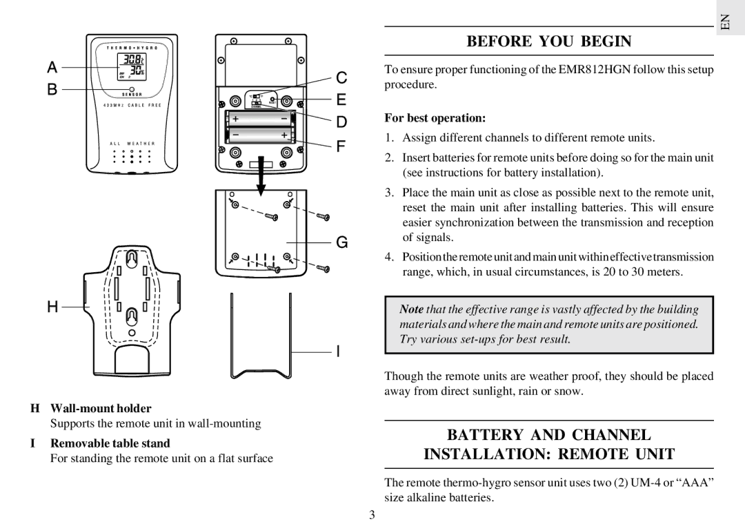 Oregon Scientific EMR812HGN user manual Before YOU Begin, Battery and Channel Installation Remote Unit, Wall-mount holder 