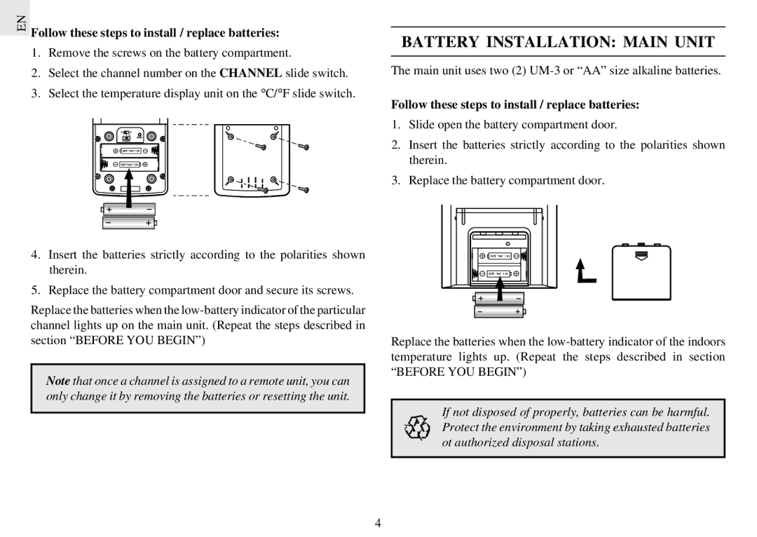 Oregon Scientific EMR812HGN user manual Battery Installation Main Unit, Follow these steps to install / replace batteries 