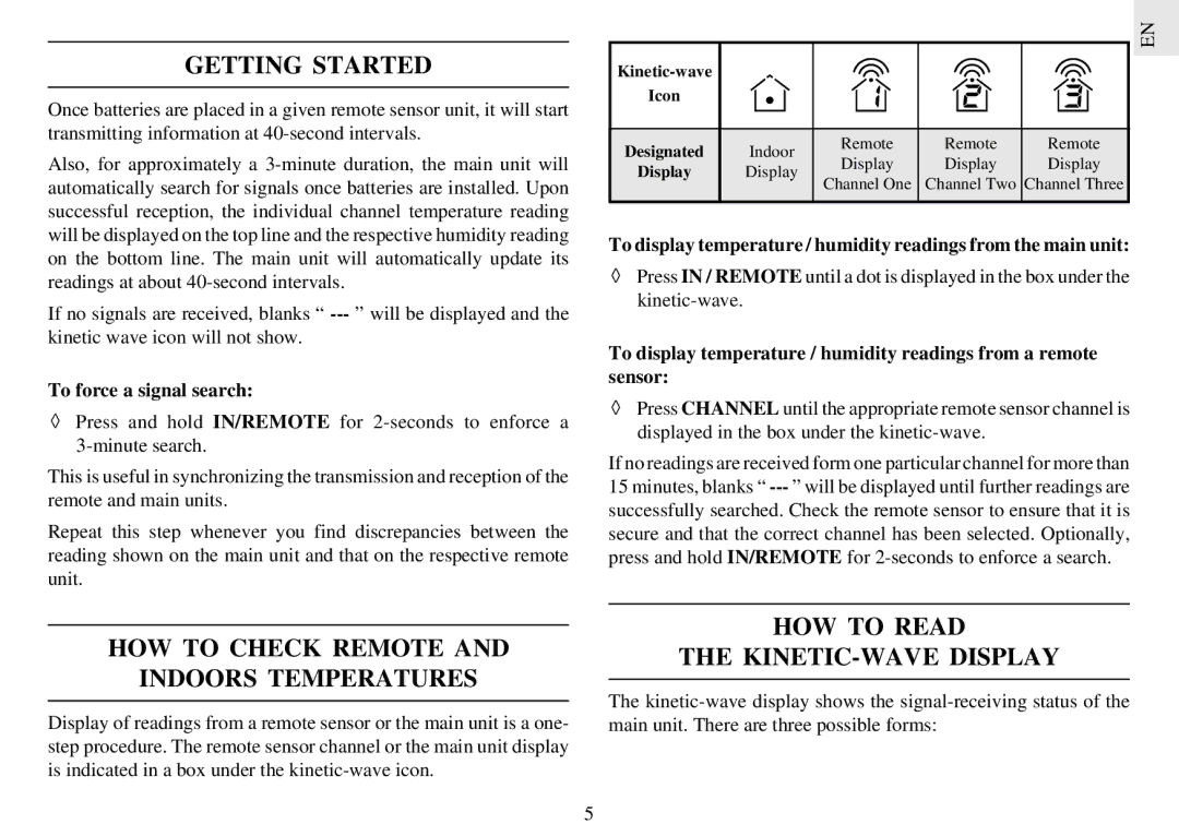 Oregon Scientific EMR812HGN Getting Started, HOW to Check Remote Indoors Temperatures, HOW to Read KINETIC-WAVE Display 