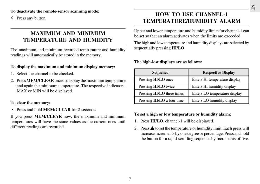 Oregon Scientific EMR812HGN Maximum and Minimum Temperature and Humidity, HOW to USE CHANNEL-1 TEMPERATURE/HUMIDITY Alarm 