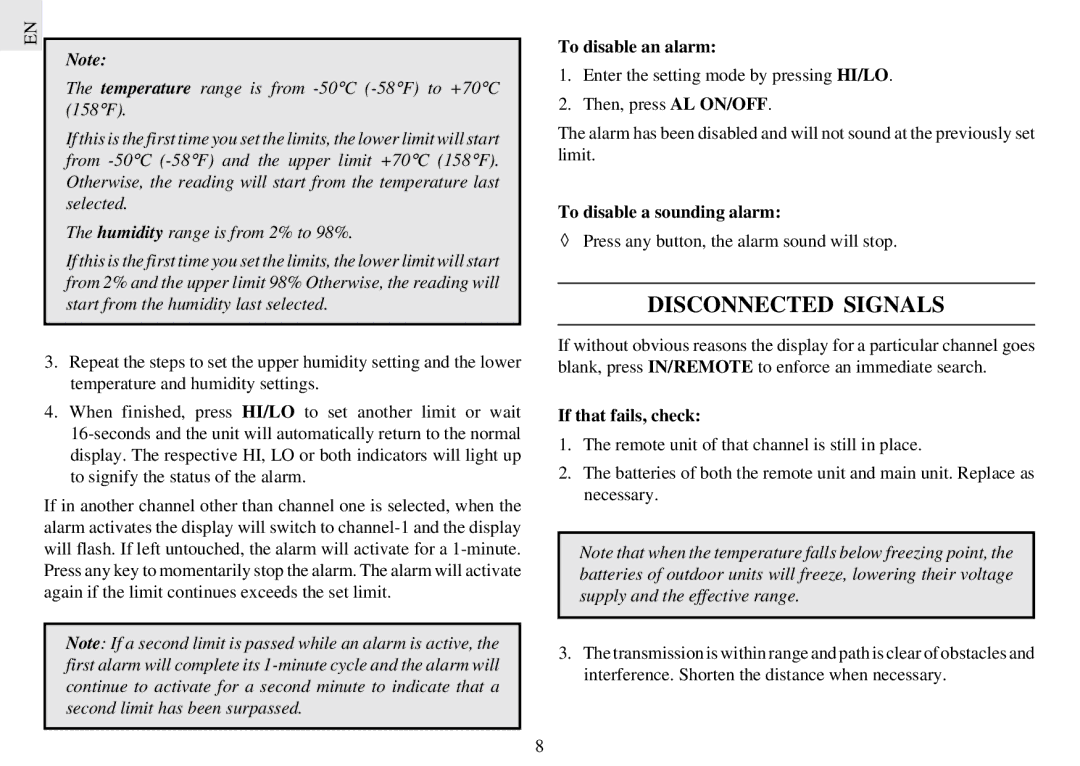 Oregon Scientific EMR812HGN Disconnected Signals, To disable an alarm, To disable a sounding alarm, If that fails, check 