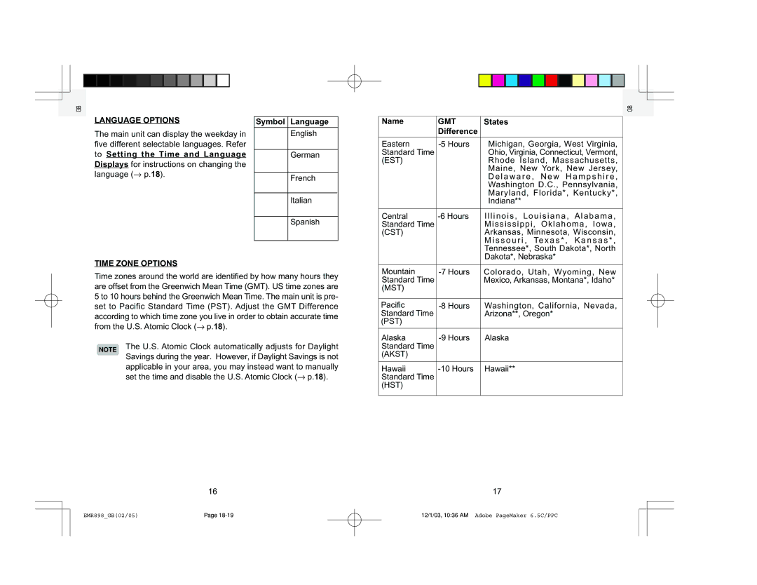 Oregon Scientific EMR898A user manual Language Options, Gmt, Time Zone Options 