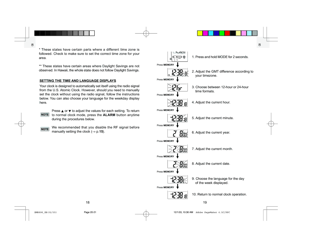 Oregon Scientific EMR898A user manual Setting the Time and Language Displays 