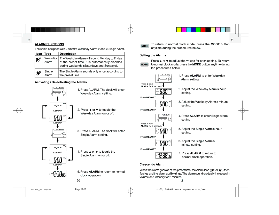 Oregon Scientific EMR898A Alarm Functions, Icon Type Description, Activating / De-activating the Alarms, Crescendo Alarm 