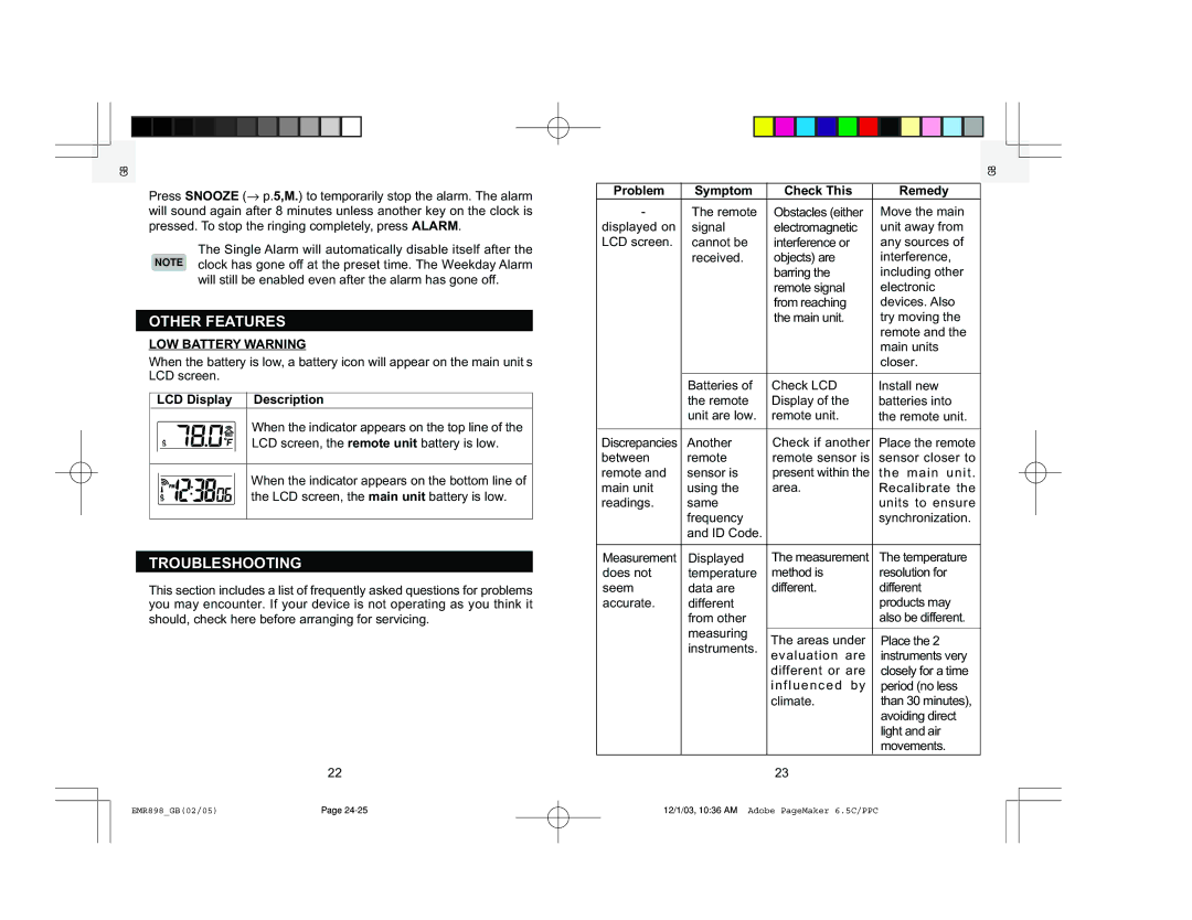 Oregon Scientific EMR898A Other Features, Troubleshooting, LOW Battery Warning, Problem Symptom Check This Remedy 