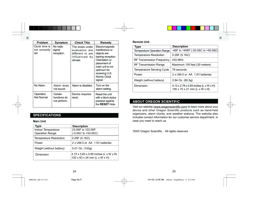 Oregon Scientific EMR898A user manual Specifications, About Oregon Scientific, Main Unit Type Description 