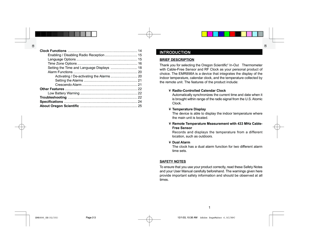 Oregon Scientific EMR898A user manual Introduction, Brief Description, Safety Notes 