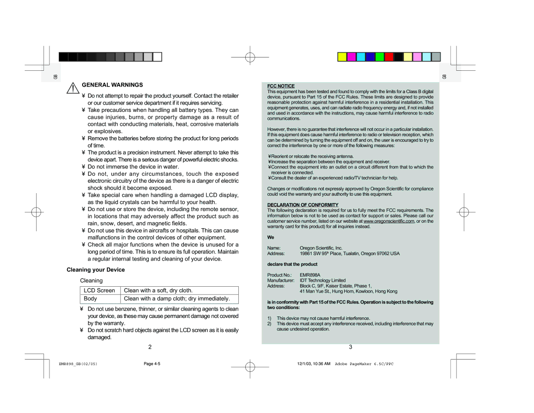 Oregon Scientific EMR898A user manual General Warnings, Cleaning your Device 