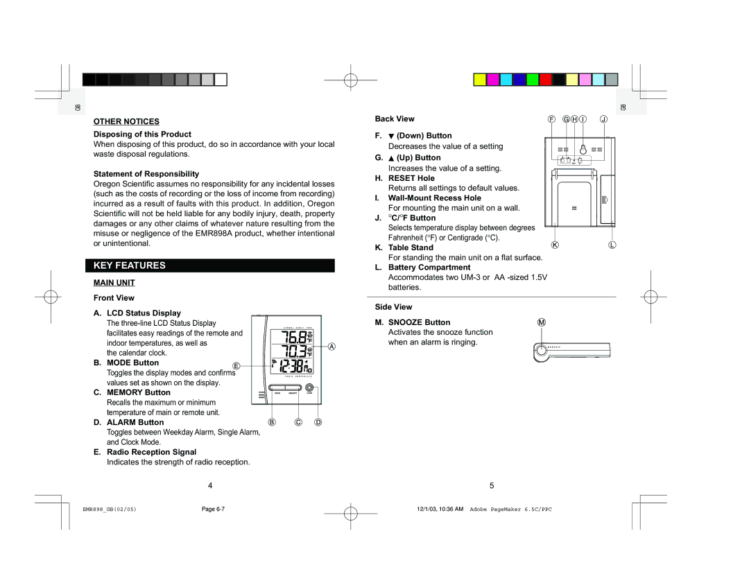 Oregon Scientific EMR898A user manual KEY Features, Other Notices, Main Unit 