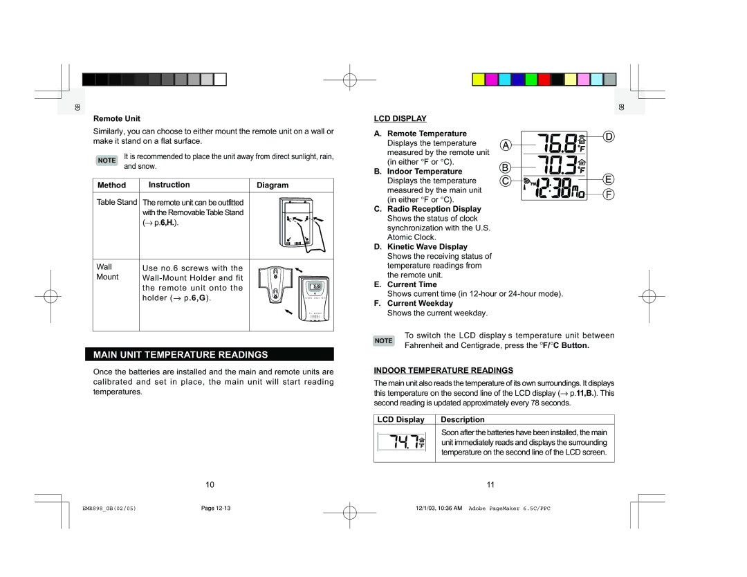 Oregon Scientific EMR898A user manual Main Unit Temperature Readings, LCD Display, Indoor Temperature Readings 