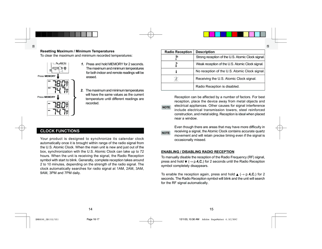 Oregon Scientific EMR898A Clock Functions, Resetting Maximum / Minimum Temperatures, Radio Reception Description 