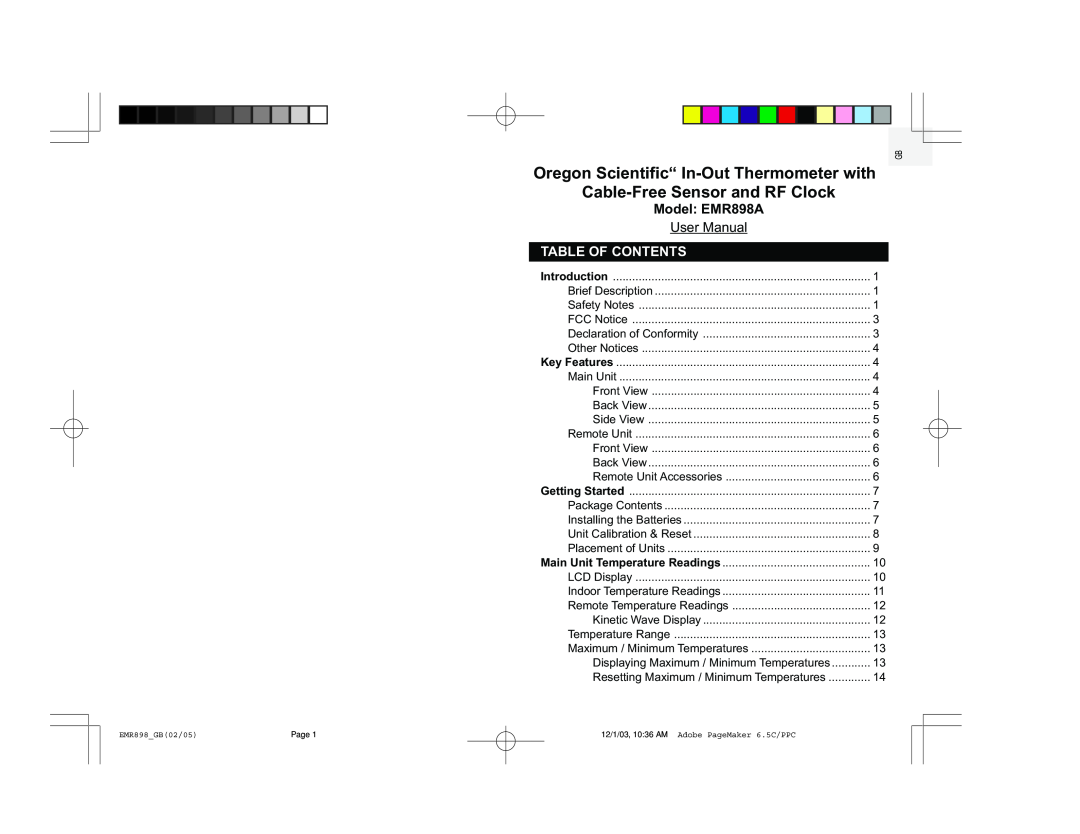 Oregon Scientific user manual Table Of Contents, Model EMR898A, User Manual 