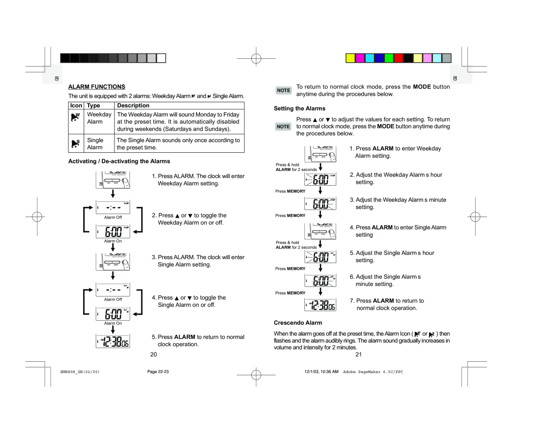 Oregon Scientific EMR898A Alarm Functions, Icon, Type, Description, Activating / De-activating the Alarms, Crescendo Alarm 