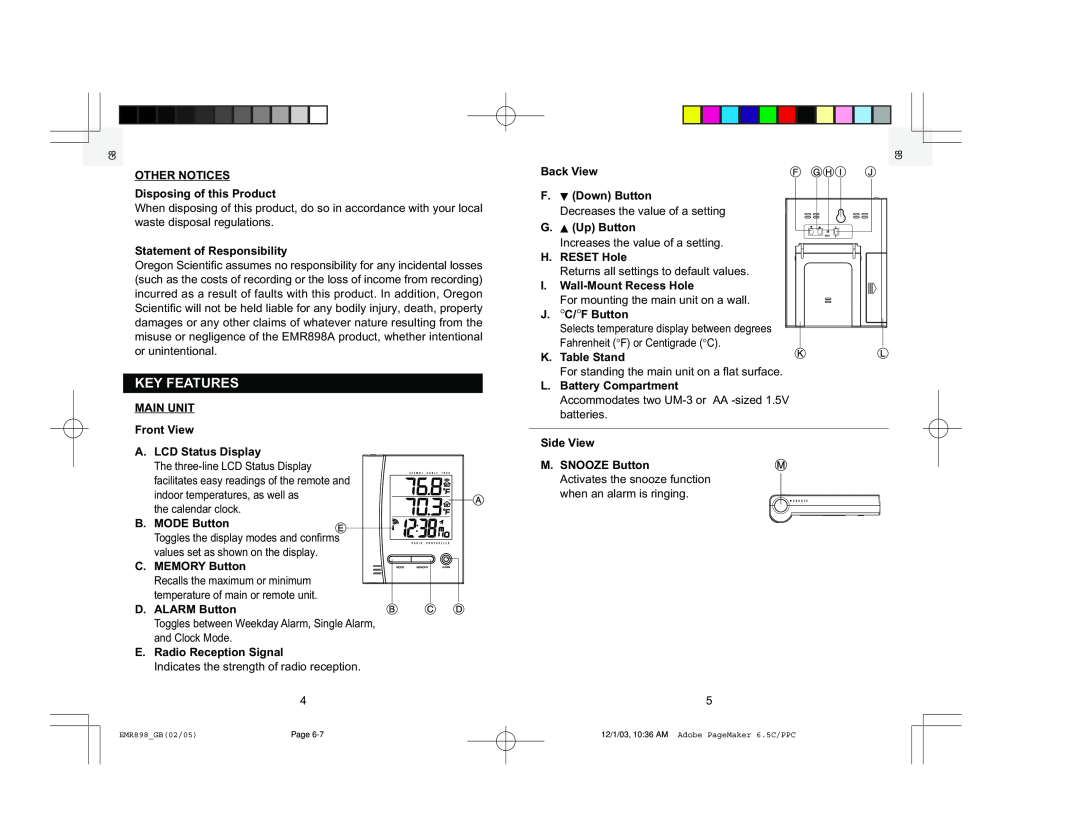 Oregon Scientific EMR898A user manual Key Features 
