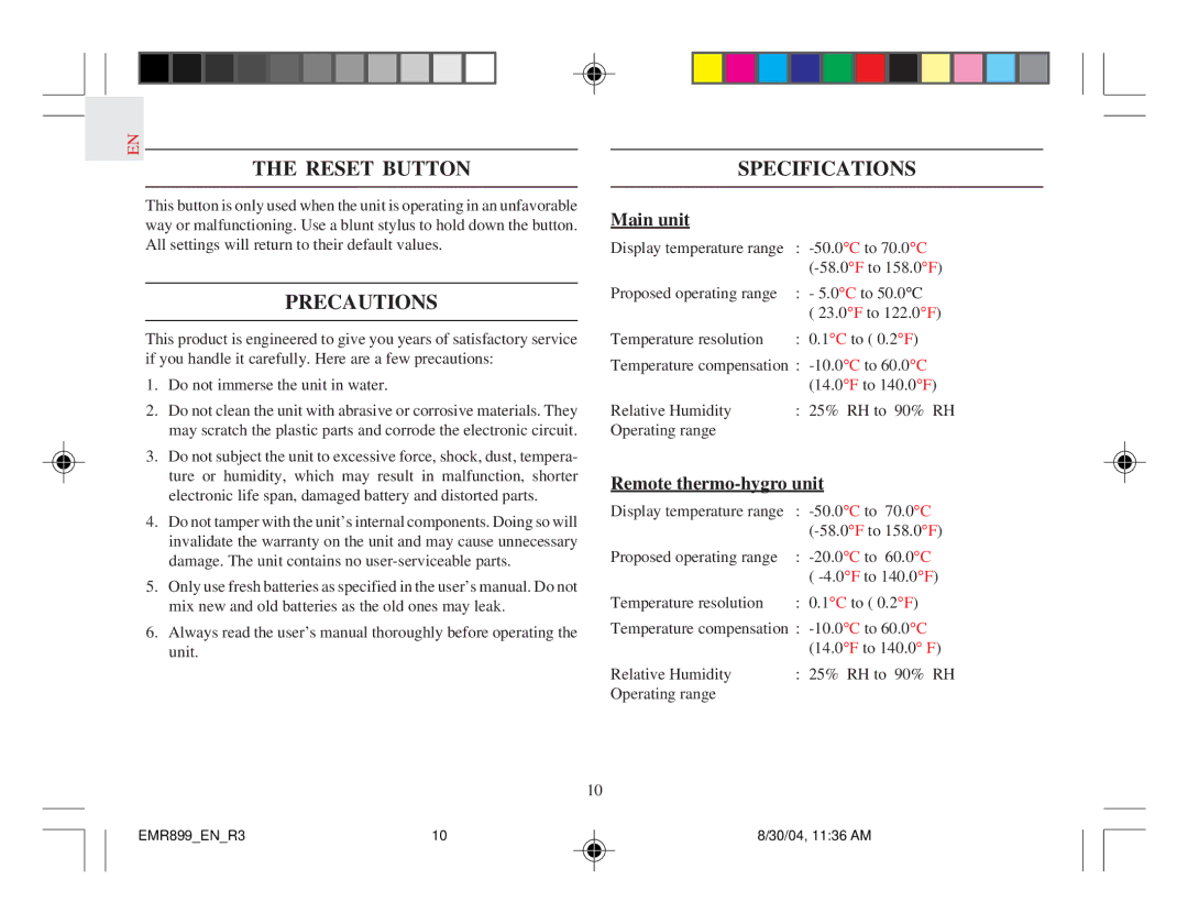 Oregon Scientific EMR899HGN user manual Reset Button, Specifications, Precautions 