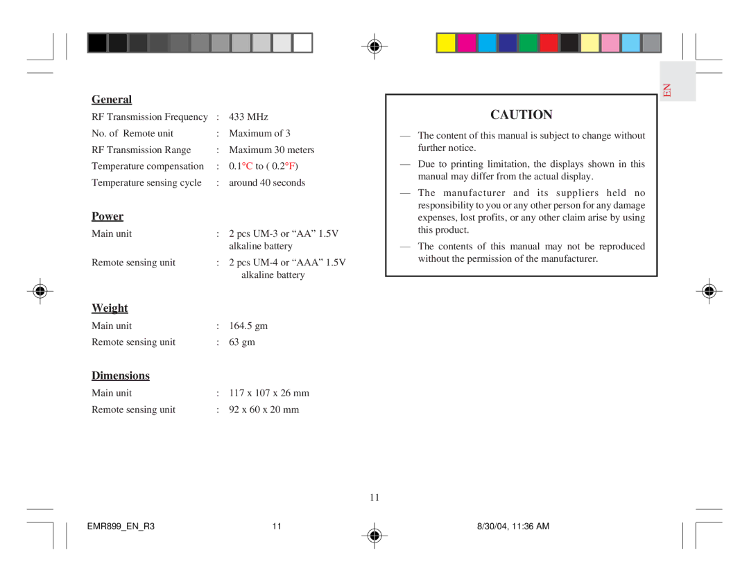 Oregon Scientific EMR899HGN user manual Dimensions 