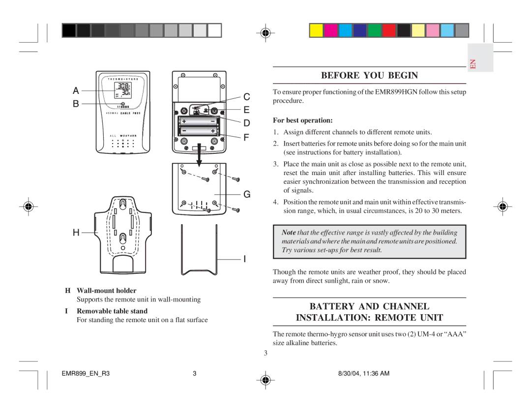 Oregon Scientific EMR899HGN user manual Before YOU Begin, Battery and Channel Installation Remote Unit, Wall-mount holder 