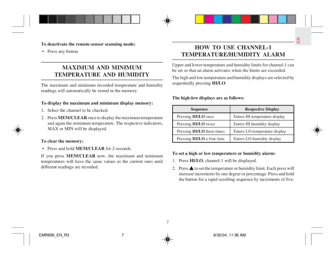 Oregon Scientific EMR899HGN Maximum and Minimum Temperature and Humidity, HOW to USE CHANNEL-1 TEMPERATURE/HUMIDITY Alarm 