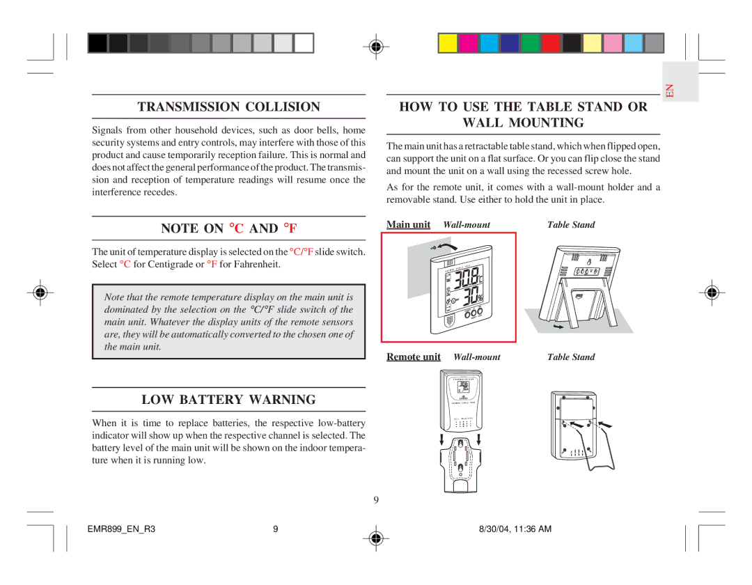 Oregon Scientific EMR899HGN Transmission Collision, HOW to USE the Table Stand or Wall Mounting, LOW Battery Warning 