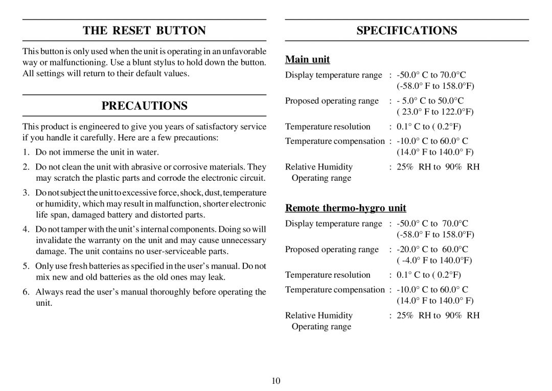 Oregon Scientific EMR963HG user manual Reset Button, Precautions, Specifications 