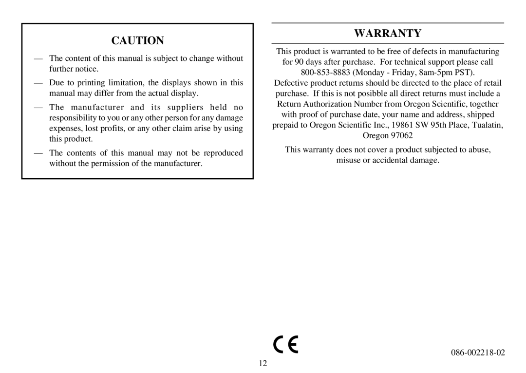 Oregon Scientific EMR963HG user manual Warranty 