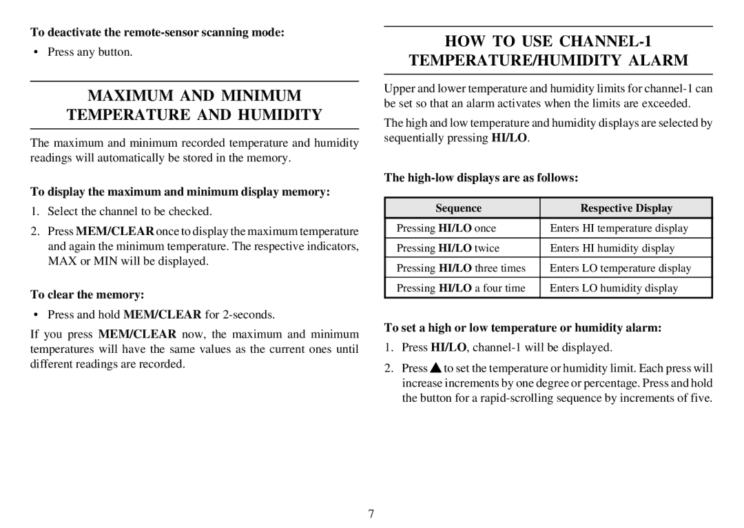 Oregon Scientific EMR963HG Maximum and Minimum Temperature and Humidity, HOW to USE CHANNEL-1 TEMPERATURE/HUMIDITY Alarm 