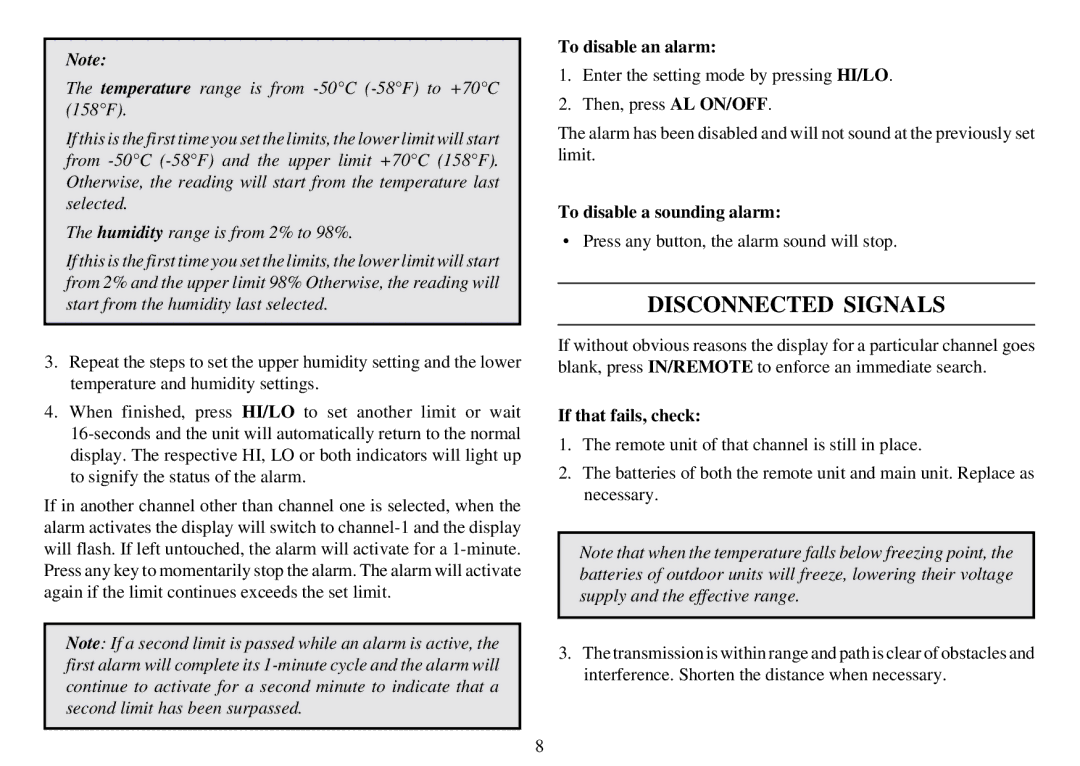 Oregon Scientific EMR963HG Disconnected Signals, To disable an alarm, To disable a sounding alarm, If that fails, check 