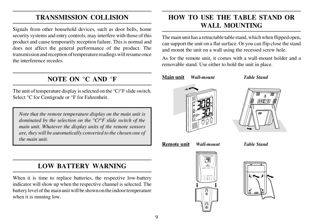 Oregon Scientific EMR963HG Transmission Collision, HOW to USE the Table Stand or Wall Mounting, LOW Battery Warning 