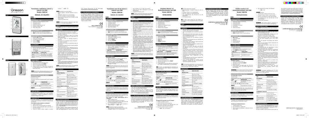 Oregon Scientific Termómetro inalámbrico interior y exterior con USB Modelo EMS100, Manual De Usuario, Handleiding 