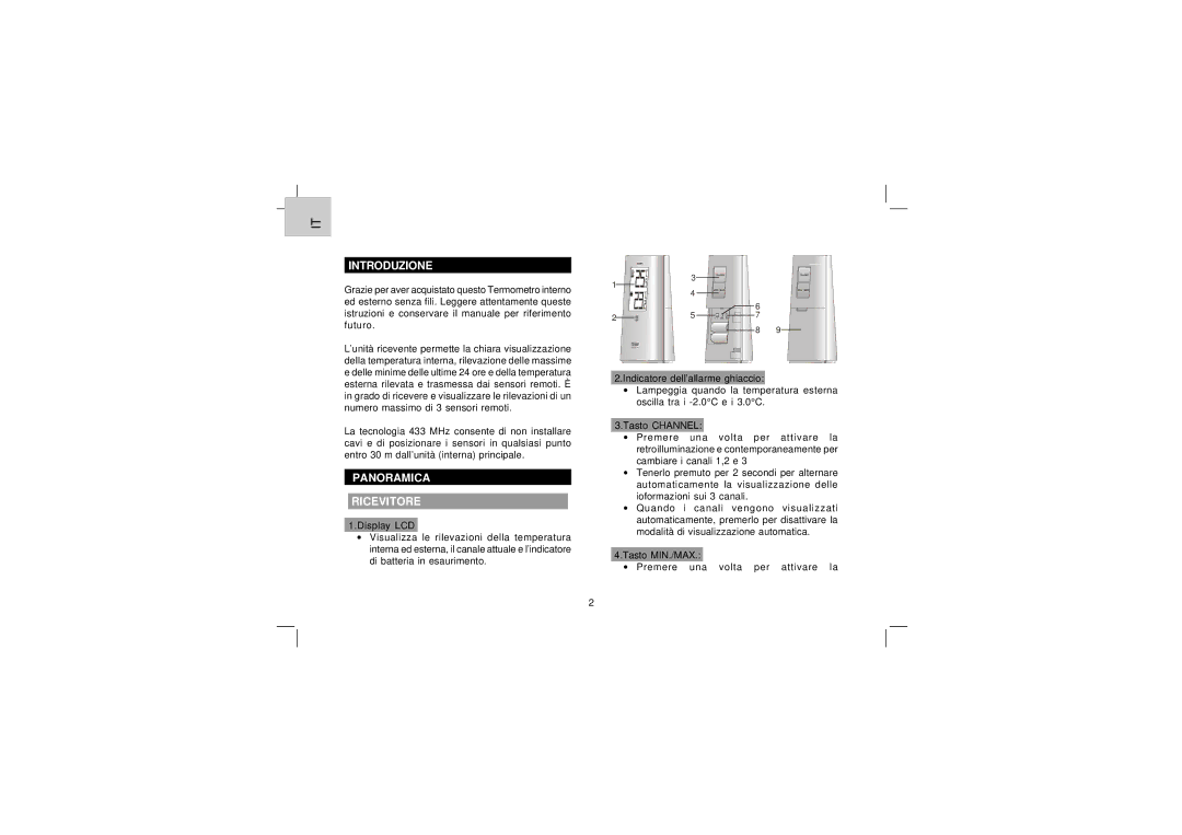 Oregon Scientific EW91 user manual Introduzione, Panoramica Ricevitore 